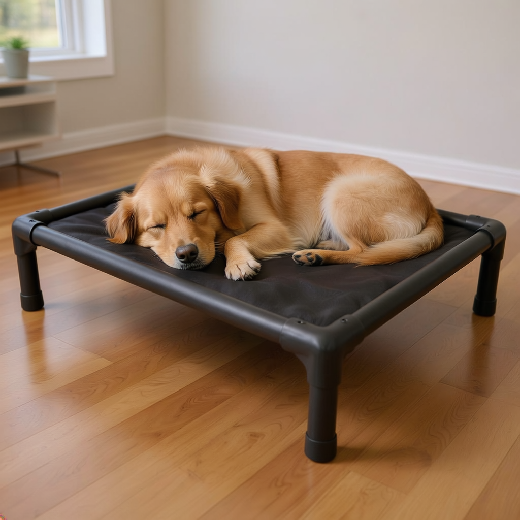 Golden retriever sleeps on black bed
