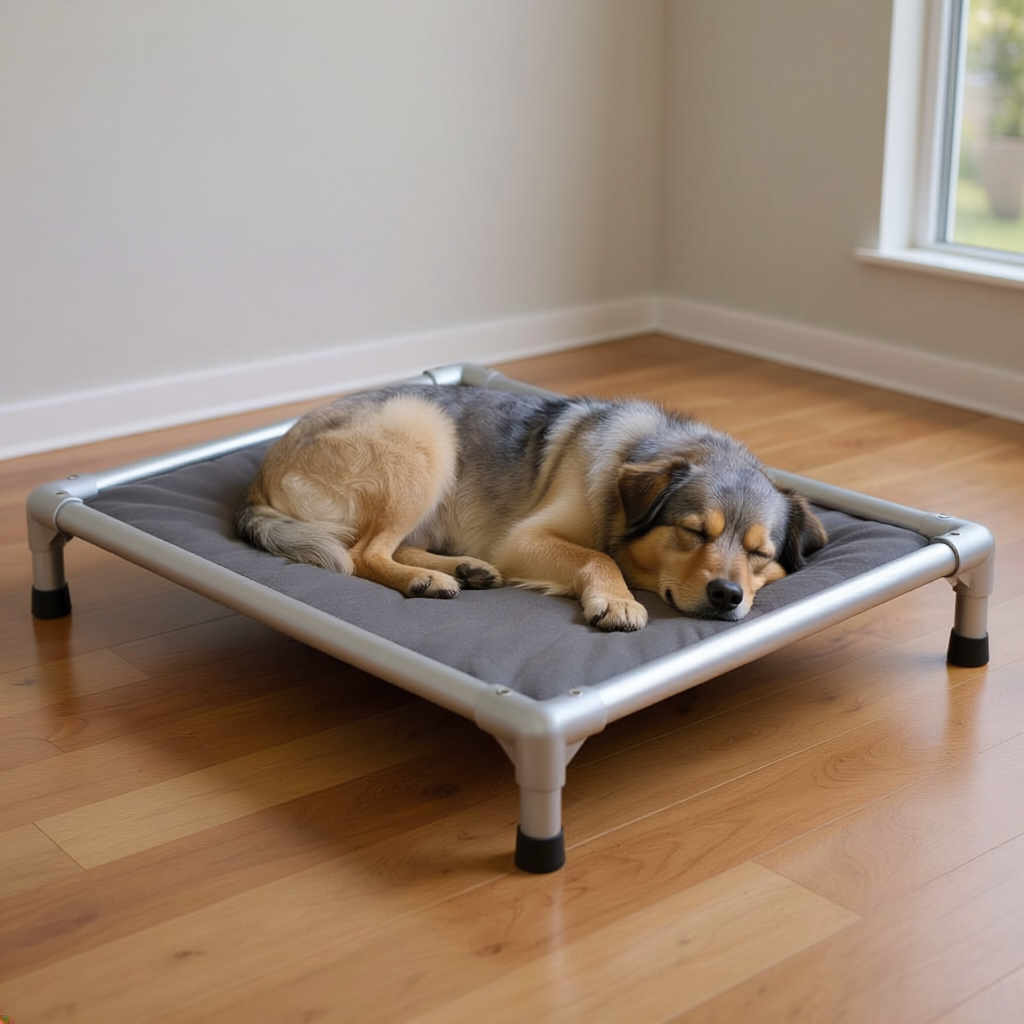 Large dog sleeps on gray bed