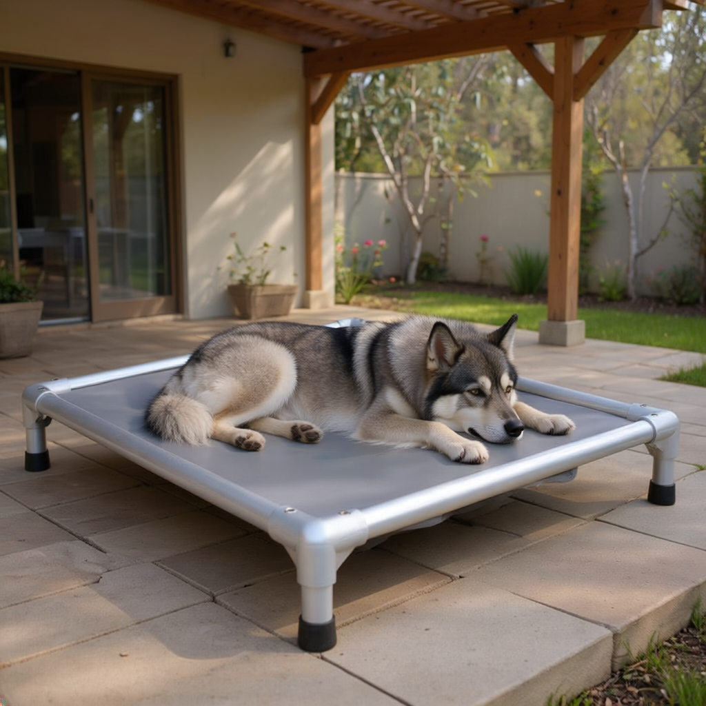 Shepsky chills outside on gray bed