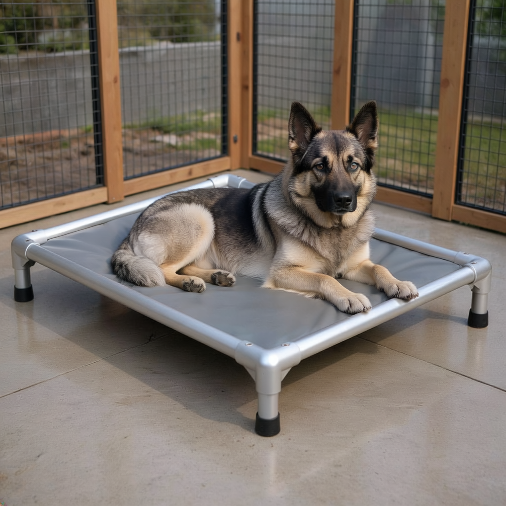 Shepsky lays on gray bed outside
