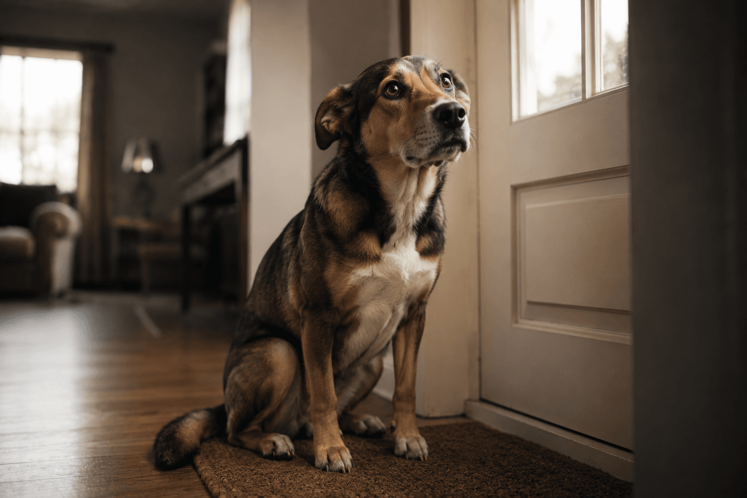 Dog sitting tensely near a front door with an anxious expression, looking upward in a softly blurred home interior lit by warm natural daylight.