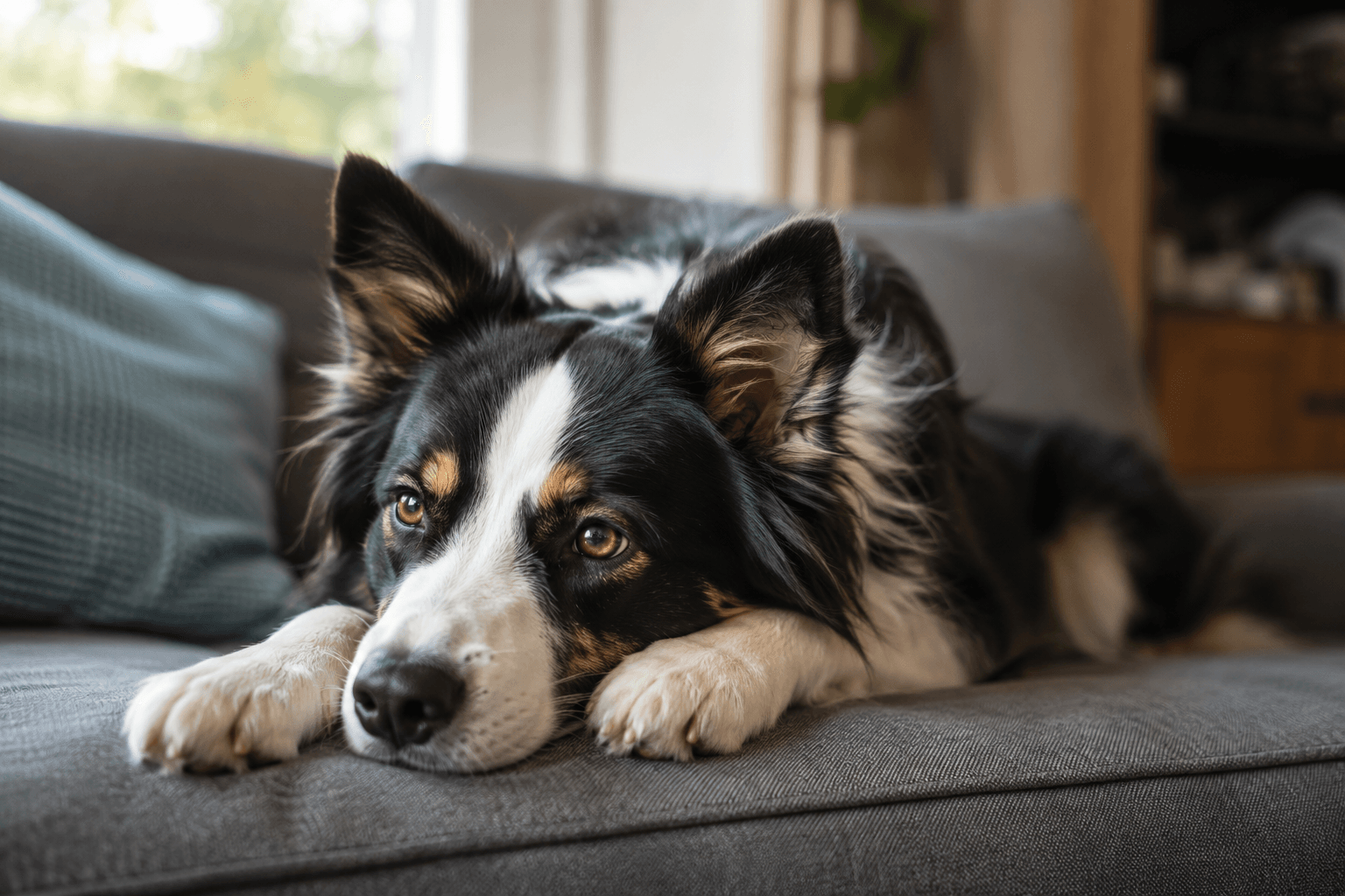 Border Collie lying on a grey couch with its head resting on its paws, looking bored and slightly glassy-eyed in soft natural daylight inside a cosy home.