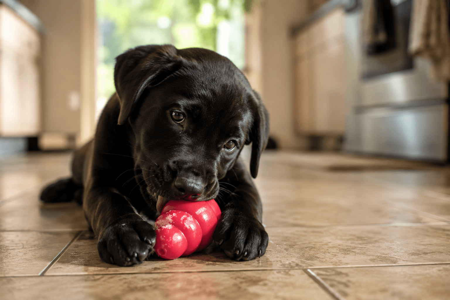 Young black Staffy or Labrador puppy lying on a tiled kitchen floor chewing a frozen Kong toy, with a curious and slightly uncomfortable expression in warm natural indoor light and a softly blurred home background.