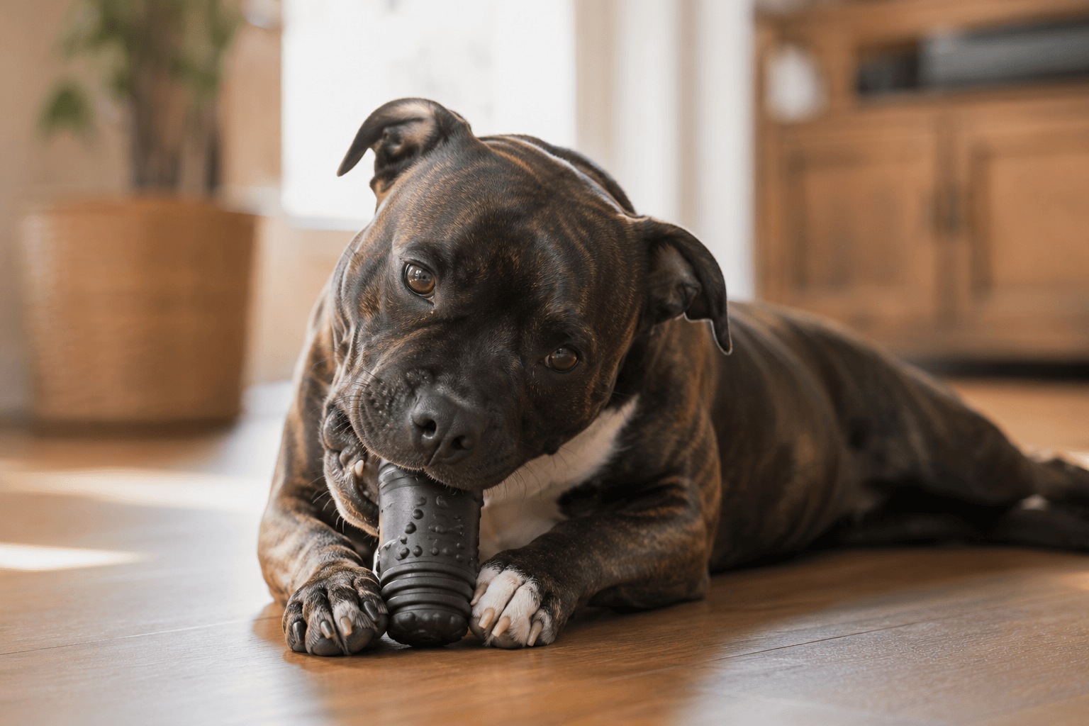 Relaxed Staffordshire Bull Terrier lying on a wooden floor chewing a black rubber toy in warm natural indoor light, photographed in a realistic editorial documentary style with shallow depth of field.
