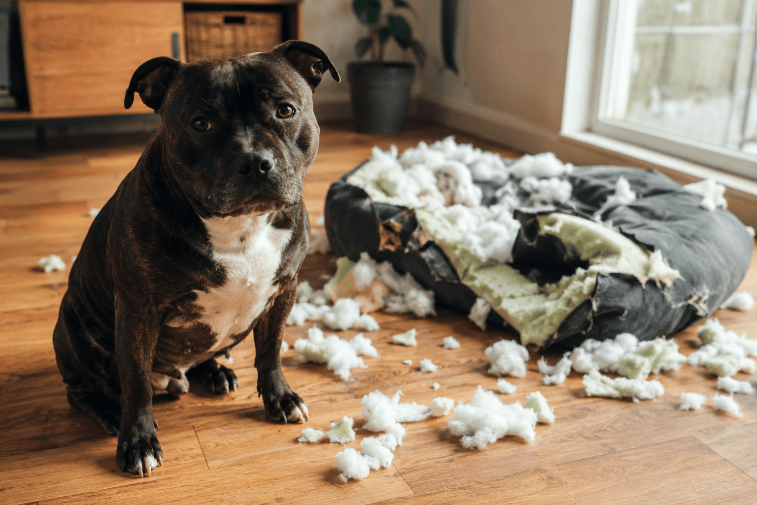 Large Staffordshire Bull Terrier sitting calmly beside a completely shredded foam dog bed with stuffing scattered across a wooden floor, lit by warm natural window light in an editorial-style indoor scene.
