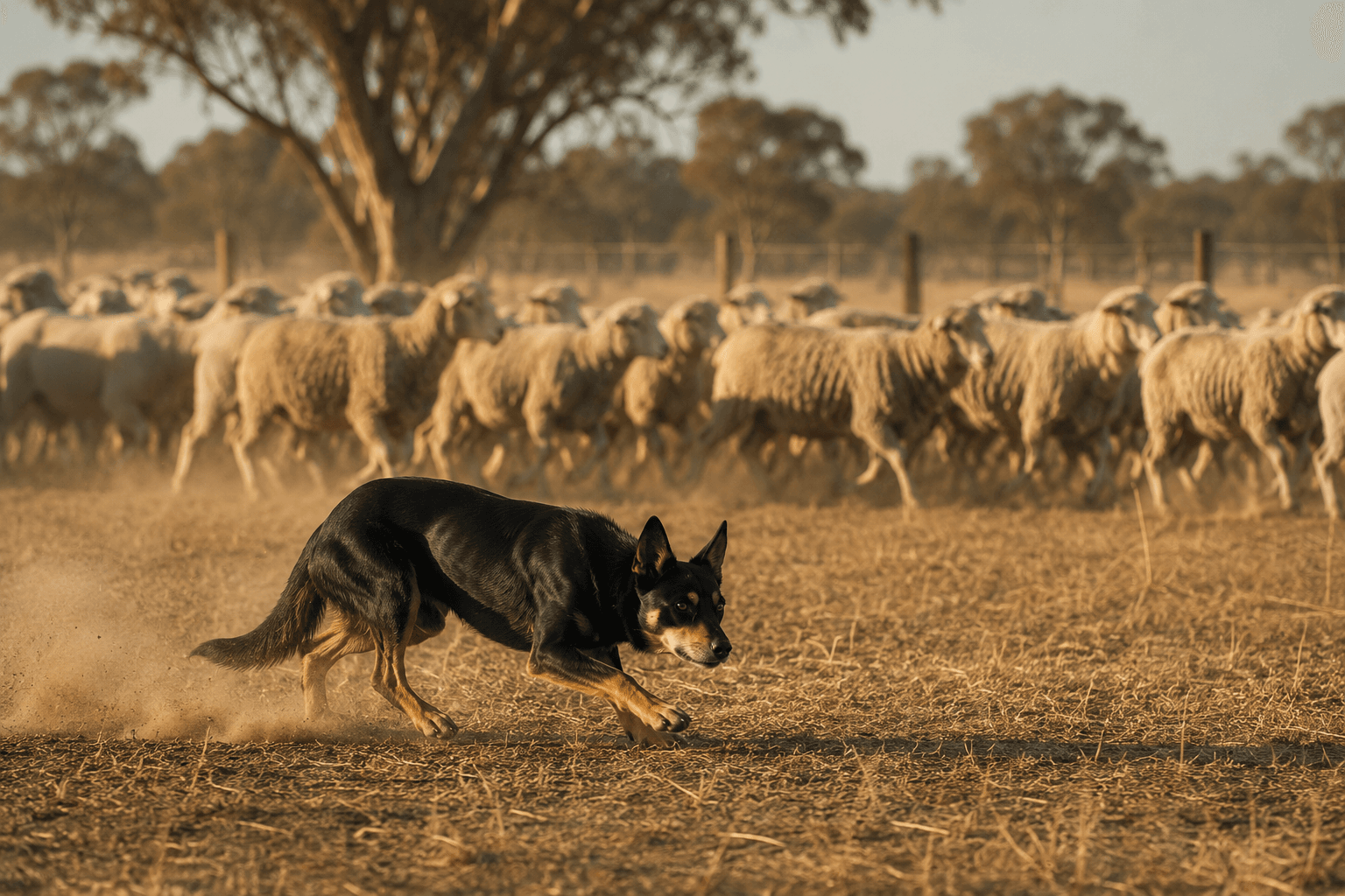 Australian kelpie mustering a mob of sheep across a dry golden paddock in warm late-afternoon light on a rural station.
