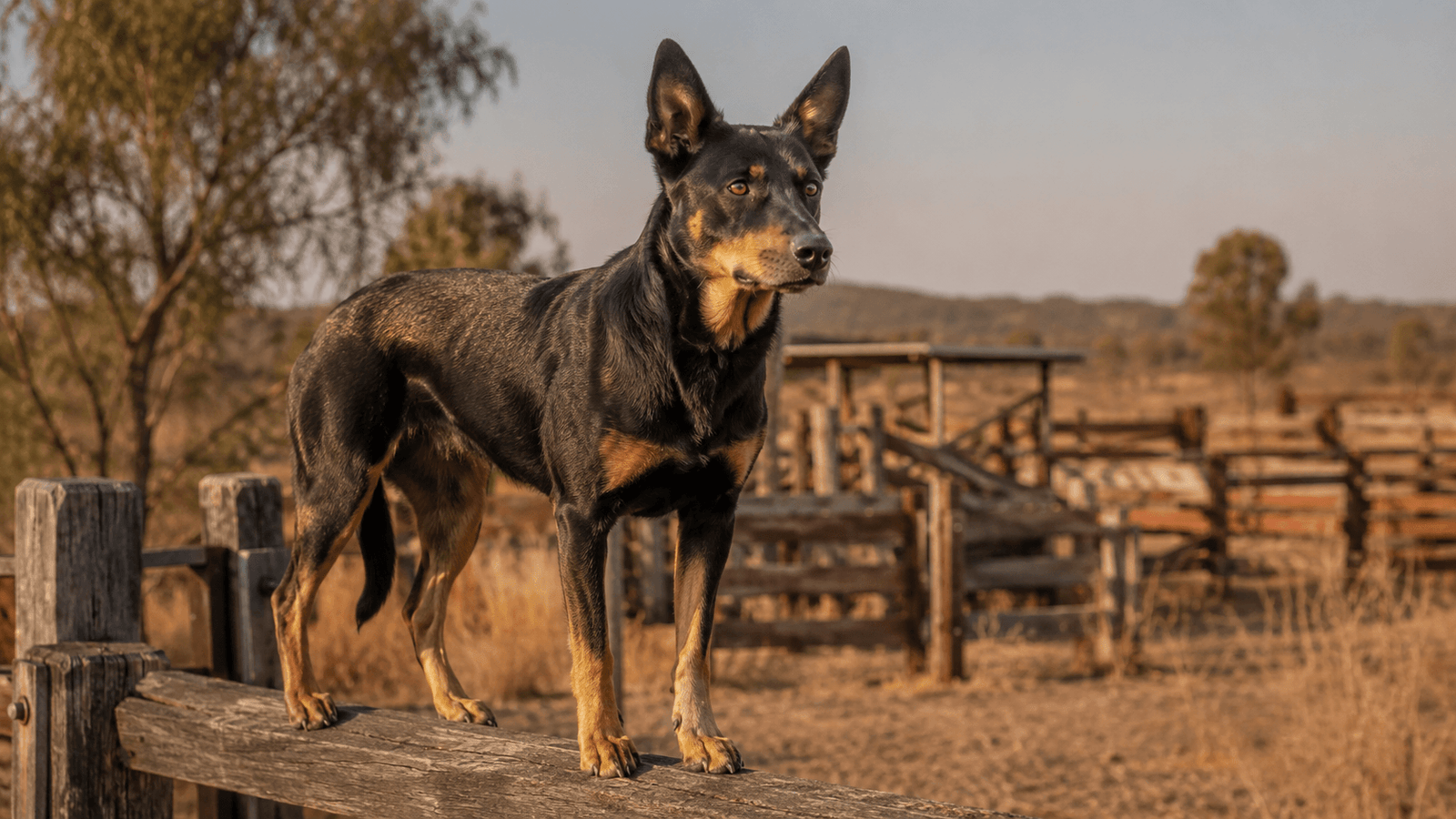 Black and tan Australian kelpie standing alert on a weathered timber stockyard rail in golden outback light.