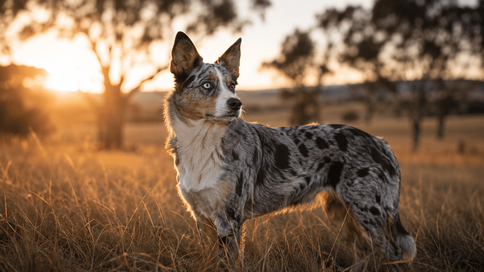Blue merle Australian koolie with one pale blue eye standing in long sun-lit grass on a farm at dusk.