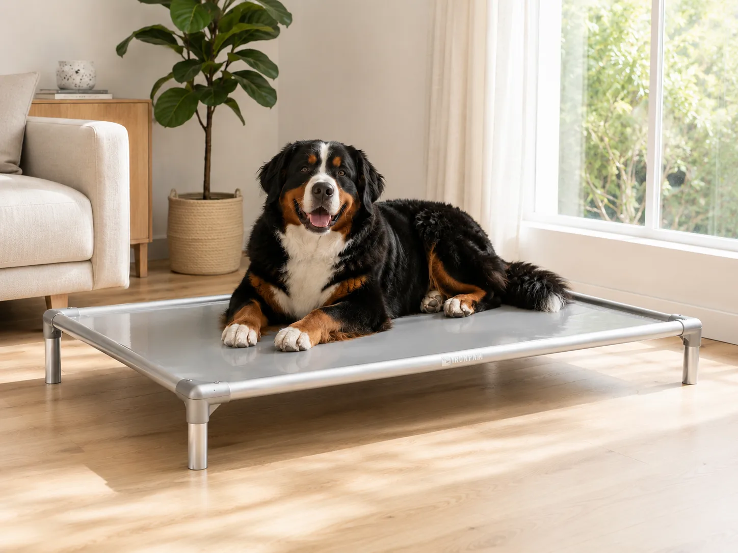 Bernese Mountain Dog lying happily on a glossy grey IronPaw Mist elevated dog bed with a brushed silver frame in a bright Scandinavian-style living room with white oak floors, soft curtains, a pale sofa, and an indoor fig plant.