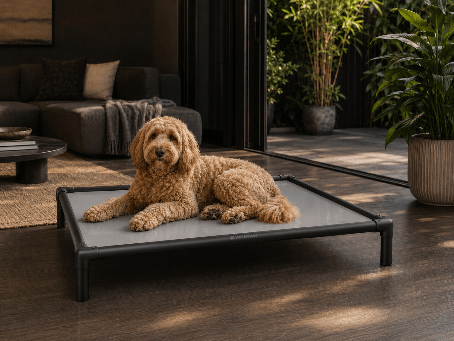 Apricot Groodle lying relaxed on a glossy grey IronPaw Slate elevated dog bed with a matte black frame in a sophisticated indoor-outdoor living room with dark oak floors, charcoal sofa, sliding doors, and leafy courtyard views.