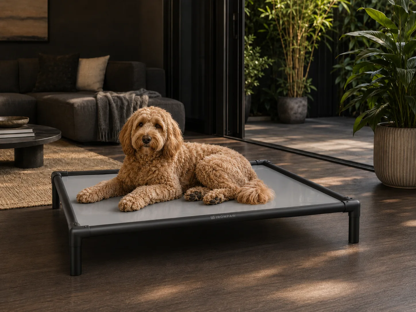 Apricot Groodle lying relaxed on a glossy grey IronPaw Slate elevated dog bed with a matte black frame in a sophisticated indoor-outdoor living room with dark oak floors, charcoal sofa, sliding doors, and leafy courtyard views.