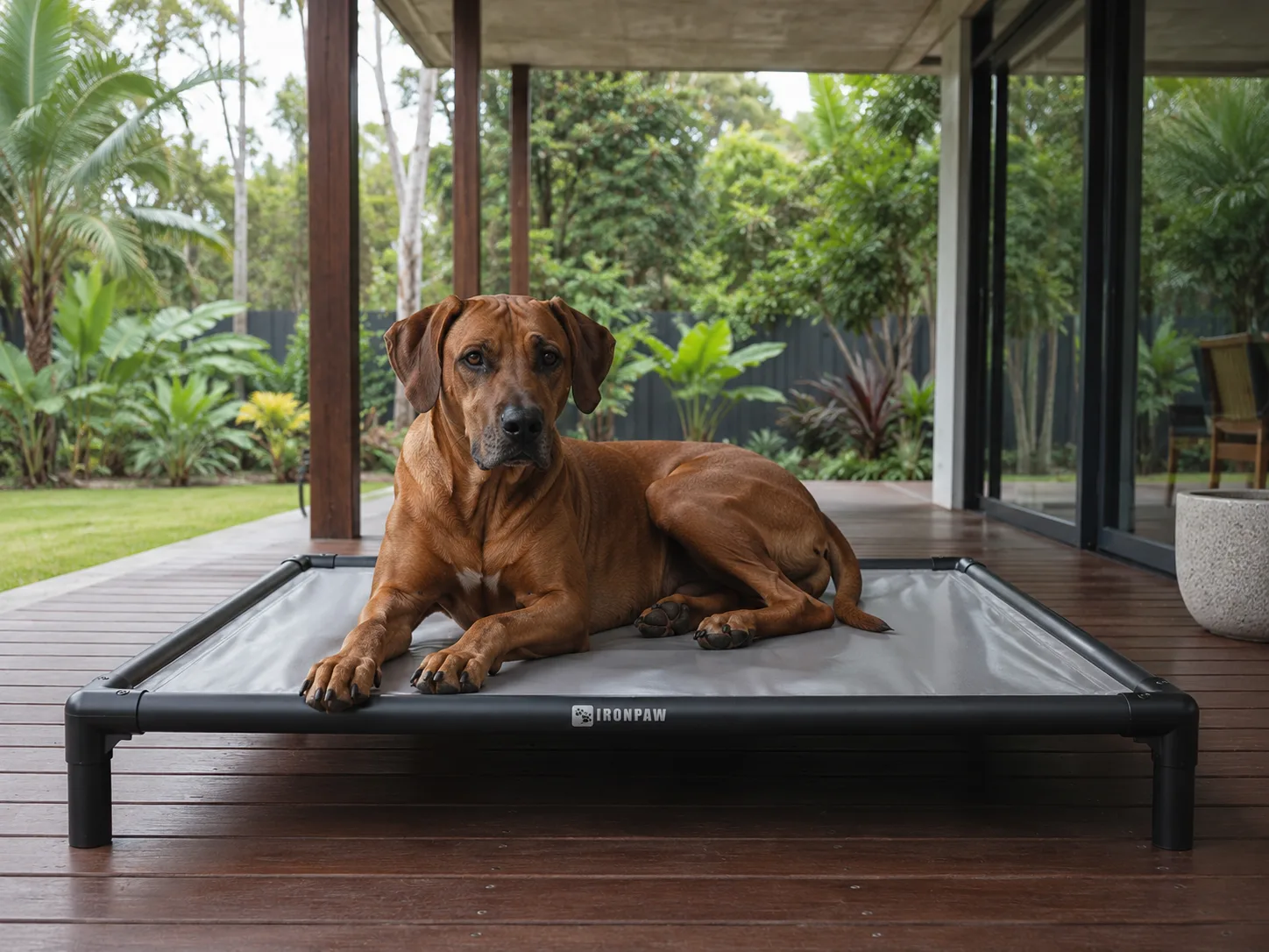 Candid lifestyle photo of a Rhodesian Ridgeback resting on an IronPaw Slate elevated dog bed with glossy neutral grey PVC fabric, matte black aluminium frame, rounded corner connectors, bare tube legs, and a pale laser-engraved logo centred on the front rail, under a modern Australian alfresco pergola with timber decking and lush garden views.
