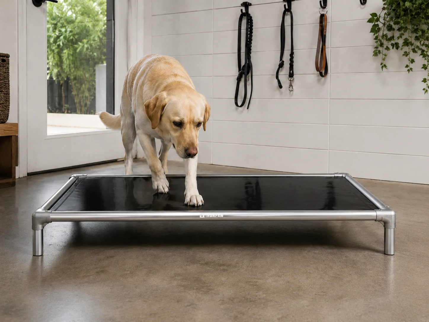Interior lifestyle photo of a large Labrador stepping onto an IronPaw Steel elevated dog bed with glossy black PVC fabric, brushed silver aluminium frame, rounded corner connectors, bare tube legs, and a pale laser-engraved logo centred on the front rail in a clean Australian mudroom.