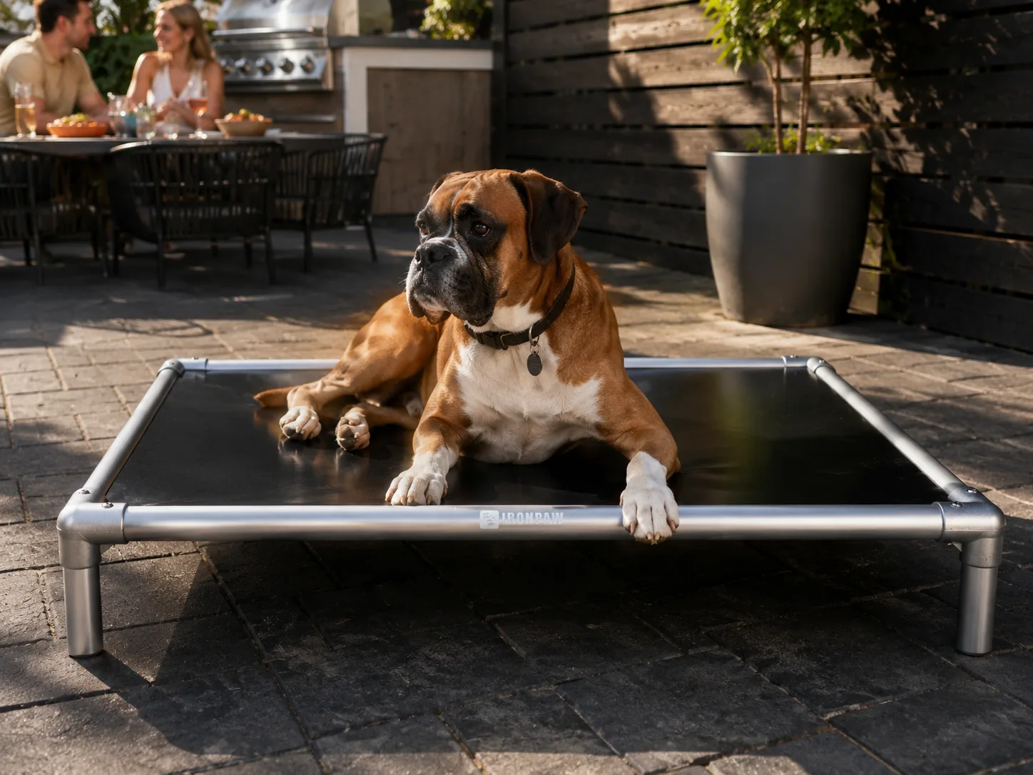 Candid lifestyle photo of a Boxer lying on an IronPaw Steel elevated dog bed with glossy black PVC fabric and a brushed silver aluminium frame, set on dark charcoal pavers in a modern Australian outdoor entertaining area with a timber screen fence and warm afternoon sunlight.