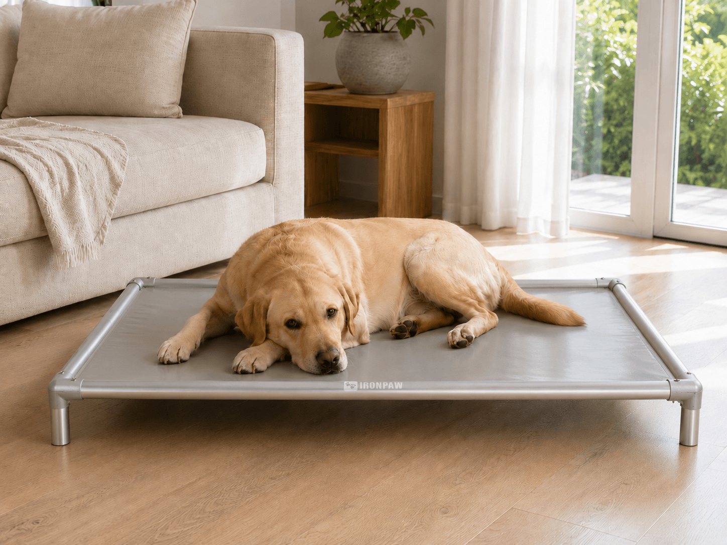 Labrador resting calmly on a rectangular grey PVC elevated dog bed with a brushed silver aluminium frame in a bright Scandinavian-style living room with white oak flooring and natural daylight.