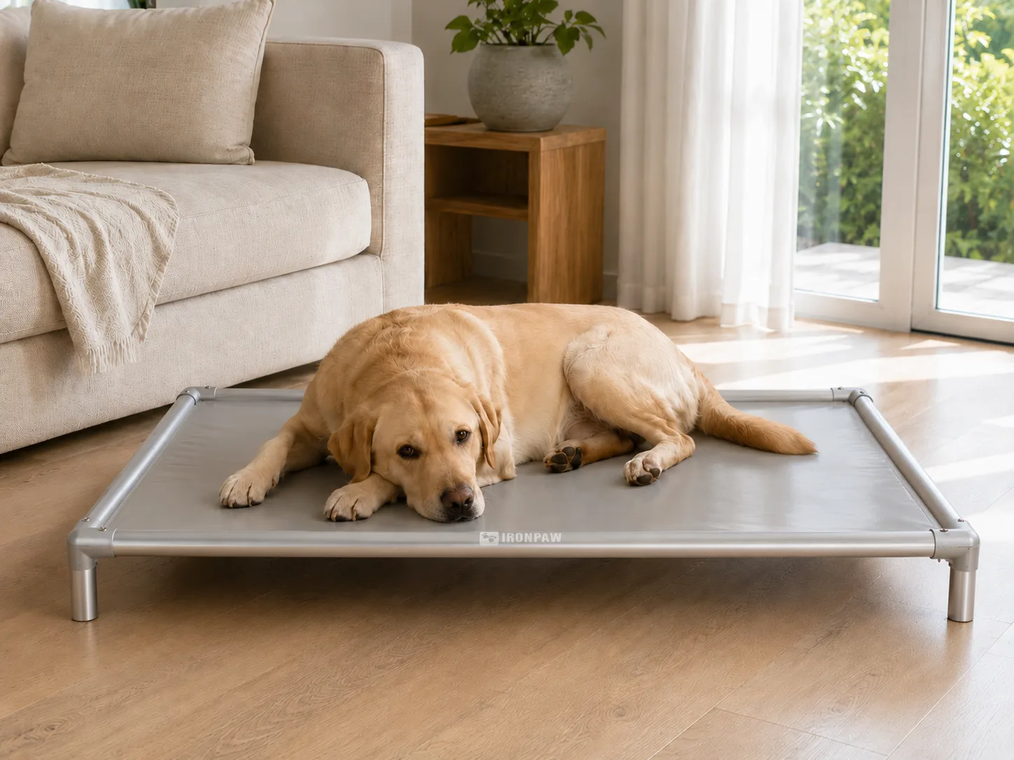 Labrador resting calmly on a rectangular grey PVC elevated dog bed with a brushed silver aluminium frame in a bright Scandinavian-style living room with white oak flooring and natural daylight.