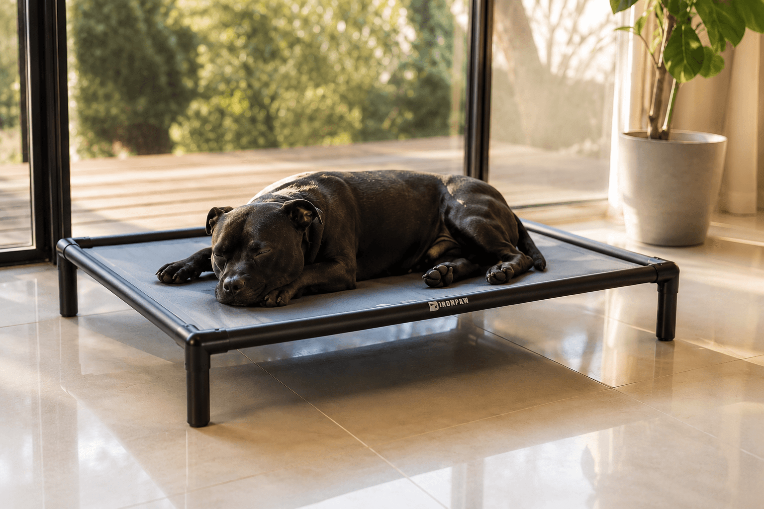 Exhausted but content black Staffordshire Bull Terrier or high-drive working breed dog deeply rested on a sleek elevated dog bed with clean silver aluminum frame and dark charcoal PVC fabric, indoors by a window with warm natural light streaming through, peaceful resting position, editorial lifestyle photography, comfortable and secure appearance, modern minimal interior background.