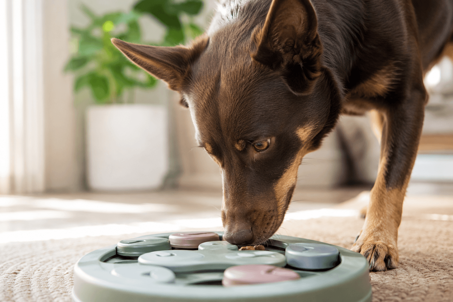 Intelligent brown kelpie dog concentrated and deeply focused on a puzzle feeder filled with hidden treats, nose-to-ground sniffing work in bright natural daylight, soft shallow depth of field, warm indoor home setting with natural window light, editorial lifestyle photography, calm and engaged expression, serious work mode.