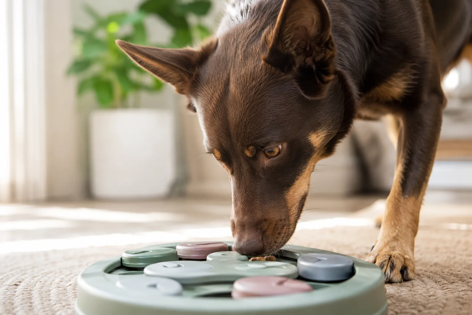 Intelligent brown kelpie dog concentrated and deeply focused on a puzzle feeder filled with hidden treats, nose-to-ground sniffing work in bright natural daylight, soft shallow depth of field, warm indoor home setting with natural window light, editorial lifestyle photography, calm and engaged expression, serious work mode.