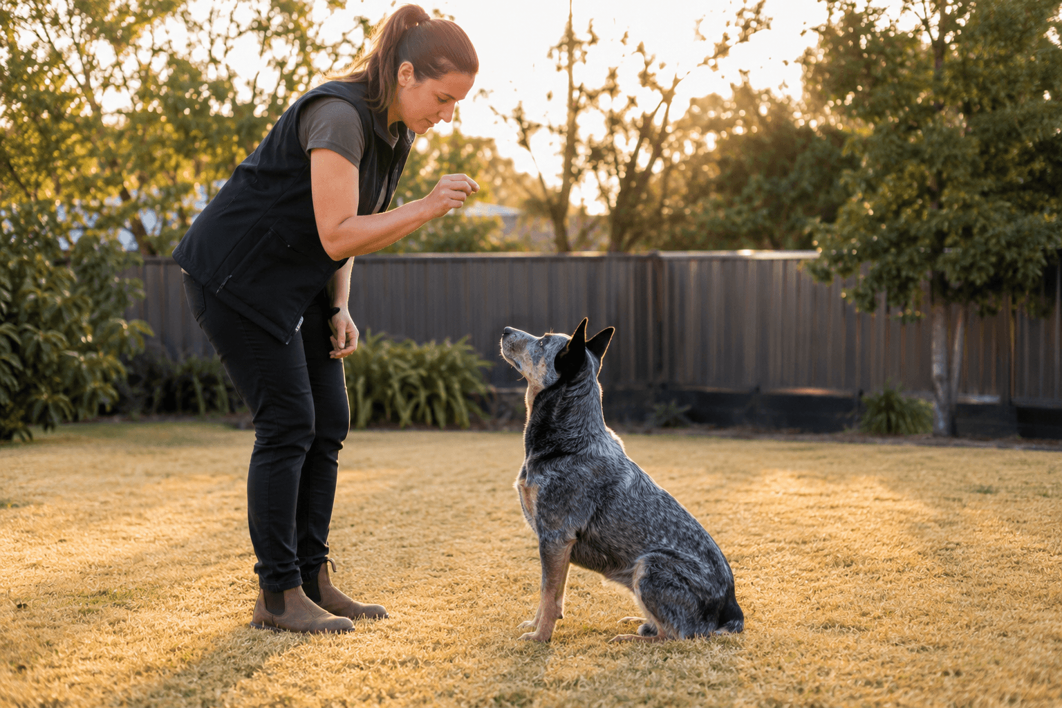 Professional dog trainer working with a focused blue heeler Australian cattle dog during an obedience training session in a backyard setting, dog in alert sit position, handler with treat lure, natural window light, warm and professional editorial photography style, dry golden grass background, clear training context.