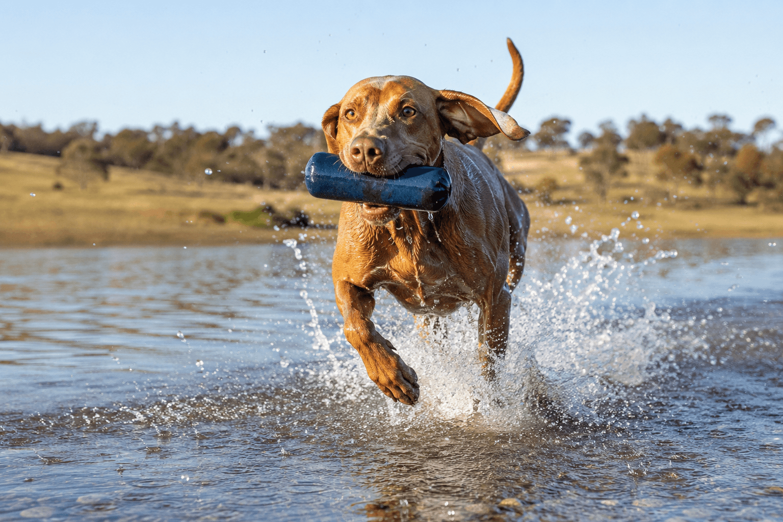 Athletic red and cream weimaraner dog joyfully retrieving a toy from calm clear water at a secluded Australian beach or dam, splashing in motion, powerful athletic form, natural bright daylight, golden hour soft light, freedom and intensity, editorial action photography.