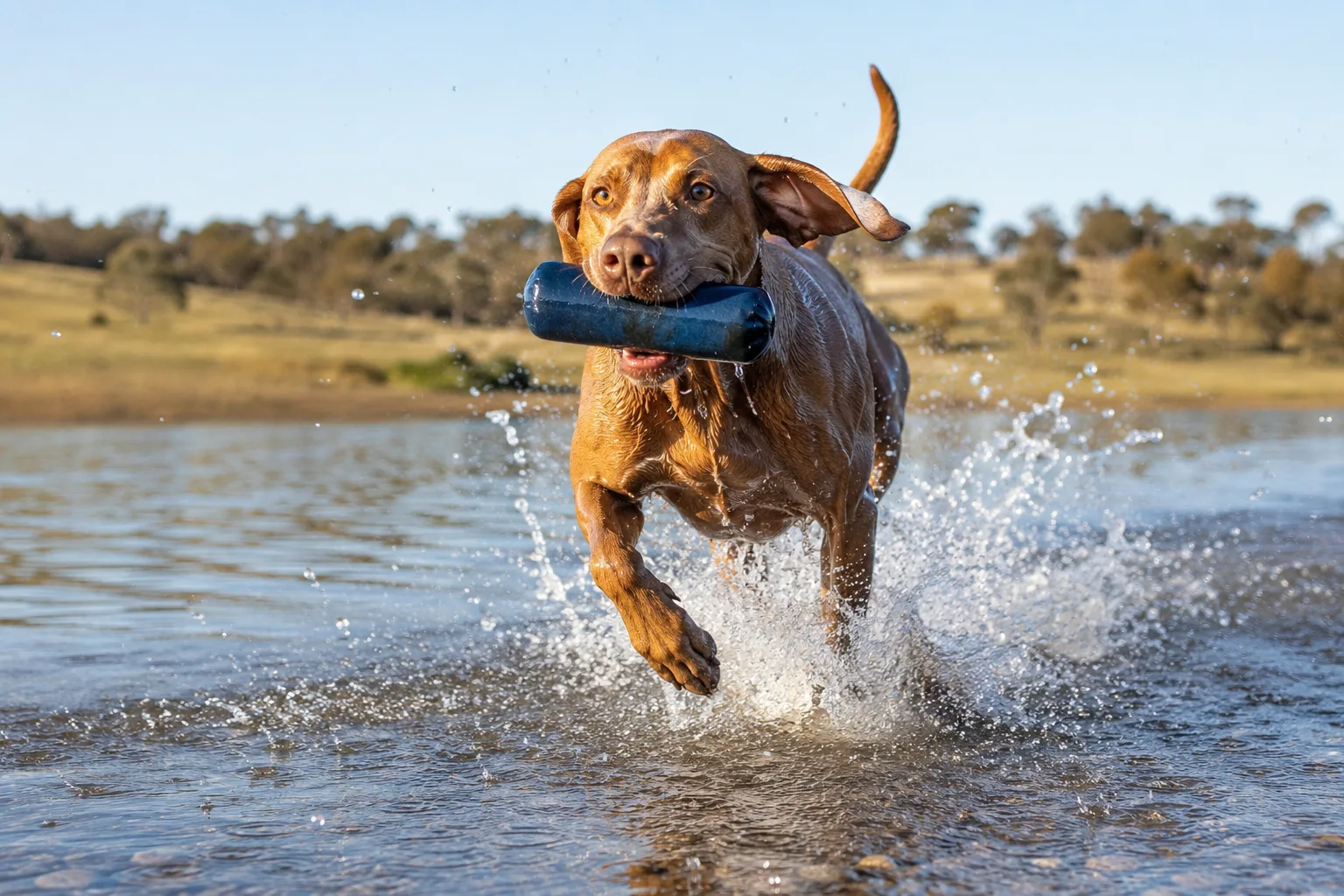 Athletic red and cream weimaraner dog joyfully retrieving a toy from calm clear water at a secluded Australian beach or dam, splashing in motion, powerful athletic form, natural bright daylight, golden hour soft light, freedom and intensity, editorial action photography.